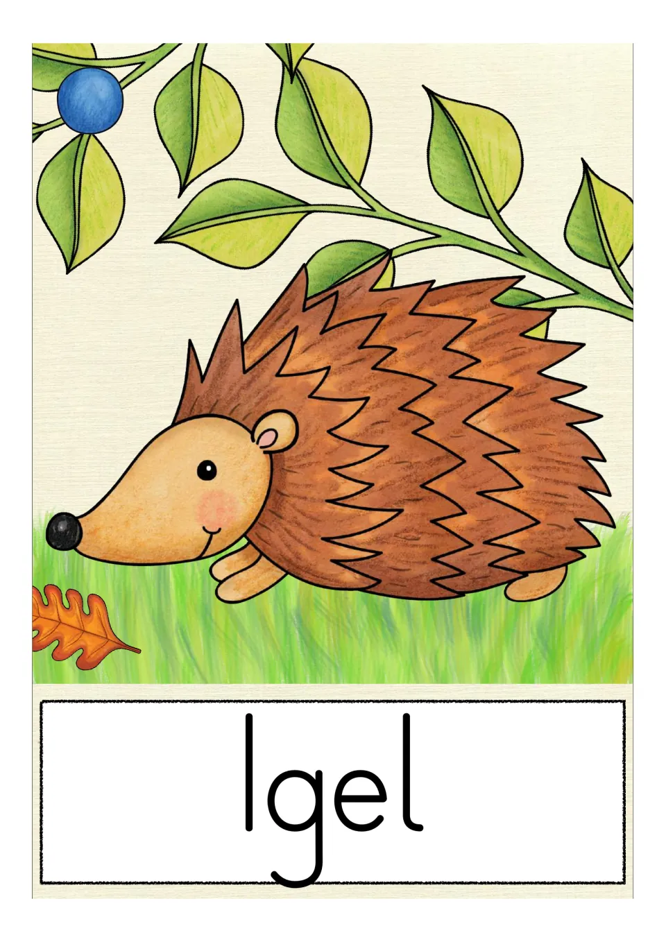 German autumn vocabulary card labeled 'Igel' (hedgehog), showing a brown hedgehog beneath a leafy branch