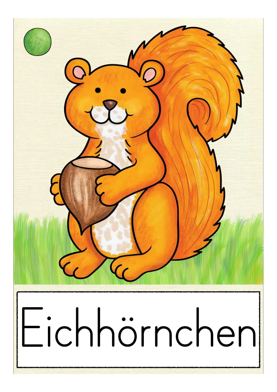 German autumn vocabulary card labeled 'Eichhörnchen' (squirrel), showing an orange squirrel holding a nut