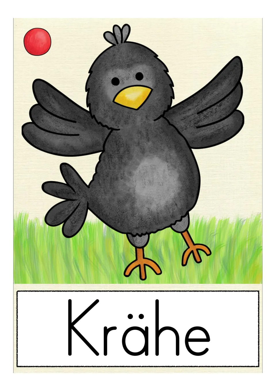German autumn vocabulary card labeled 'Krähe' (crow), showing a black bird with its wings spread wide