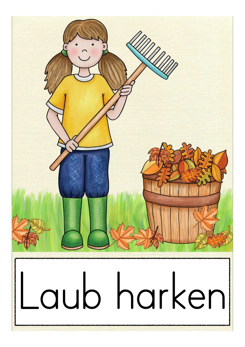 German autumn vocabulary card labeled 'Laub harken' (rake leaves), showing a child beside collected leaves