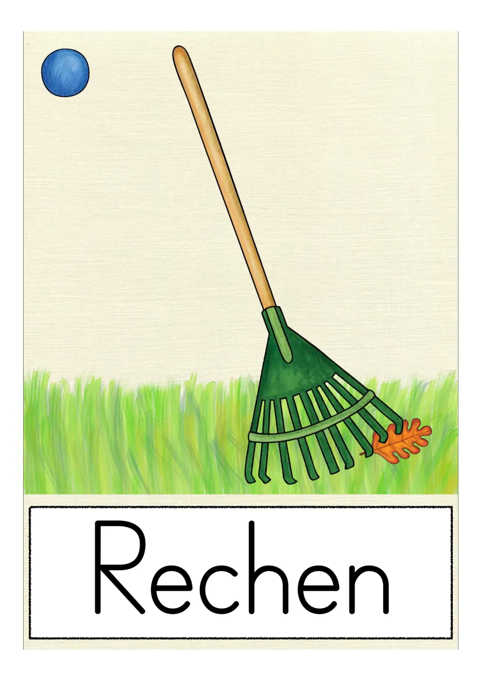 German autumn vocabulary card labeled 'Rechen' (rake), showing a green leaf rake with a wooden handle