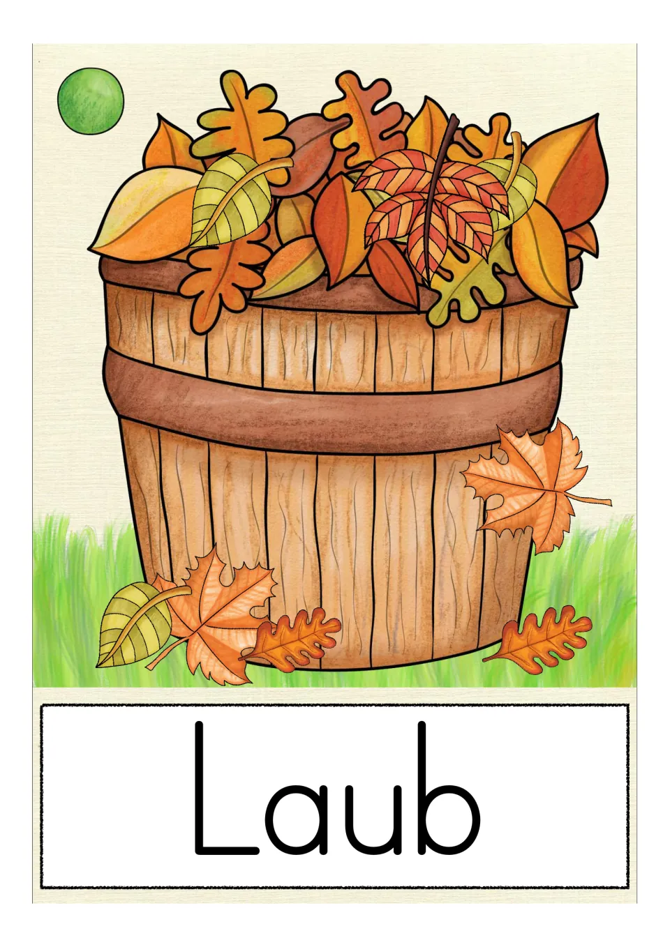 German autumn vocabulary card labeled 'Laub' (foliage), showing a wooden container filled with fall leaves