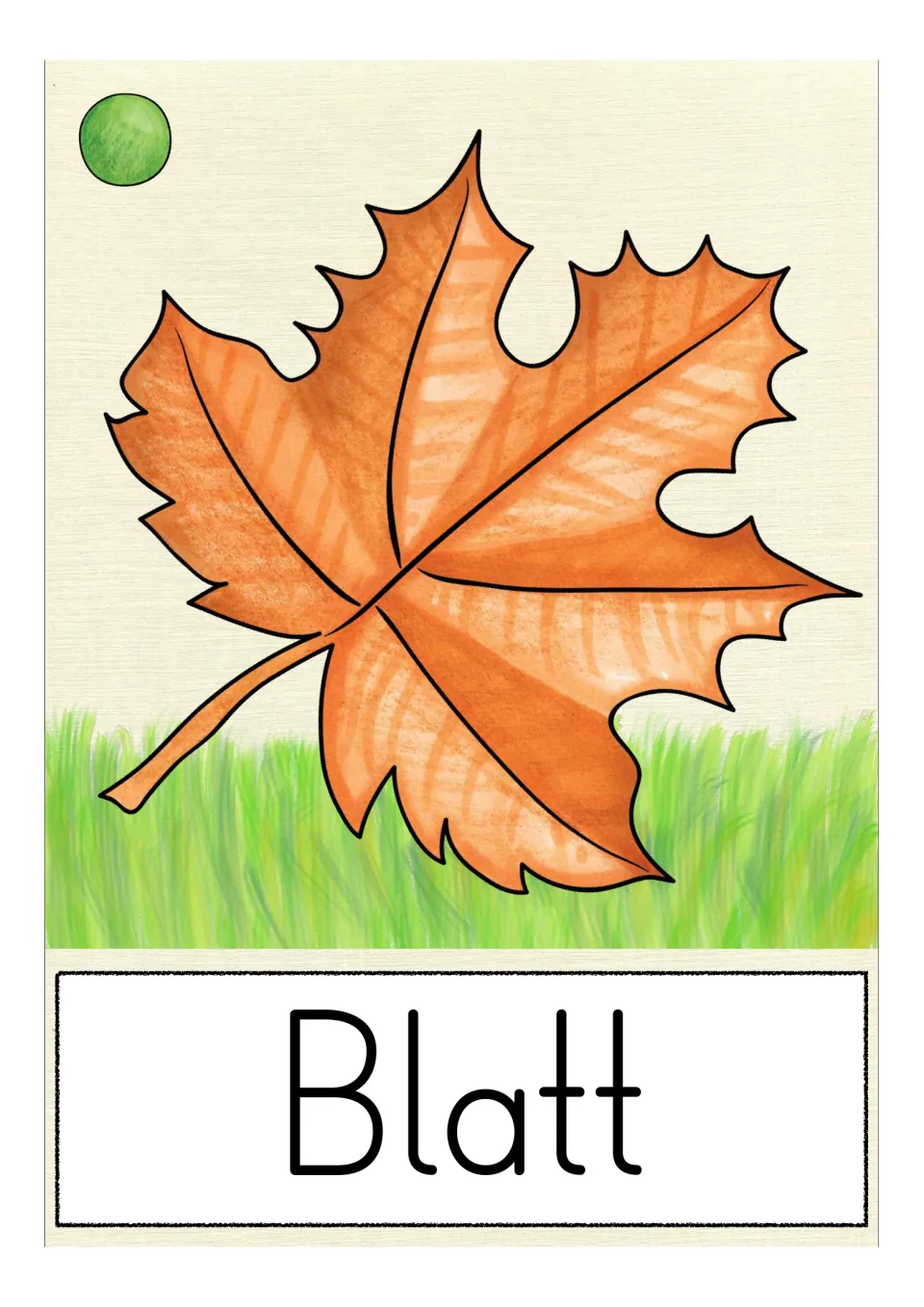 German autumn vocabulary card labeled 'Blatt' (leaf), showing one orange leaf to illustrate the singular noun