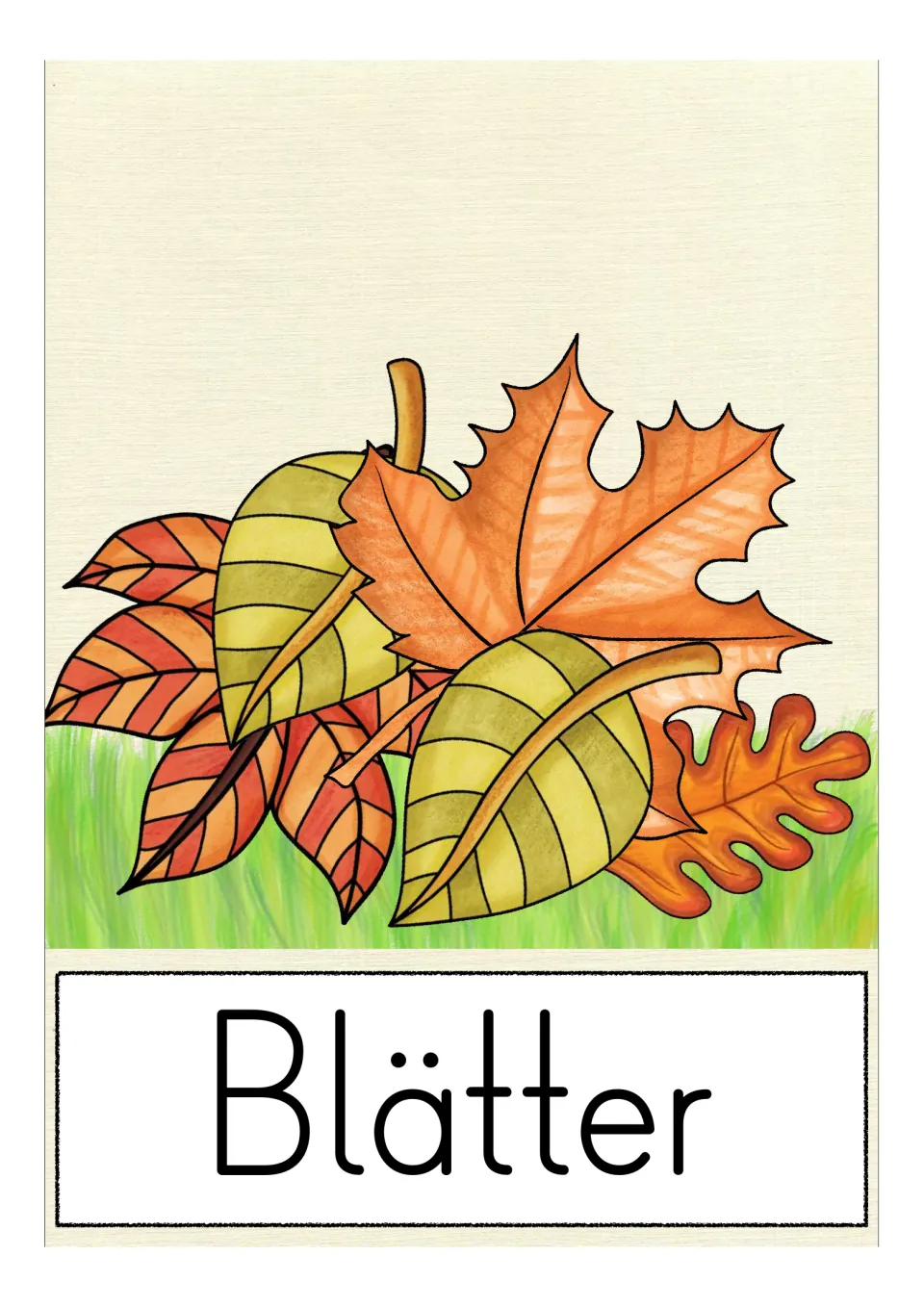 German autumn vocabulary card labeled 'Blätter' (leaves), showing several leaves to illustrate the plural noun