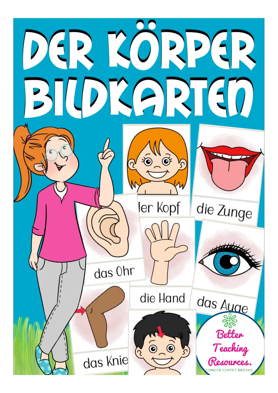 Cover of the German body-part flashcard resource, headed 'Der Körper Bildkarten' (body picture cards)