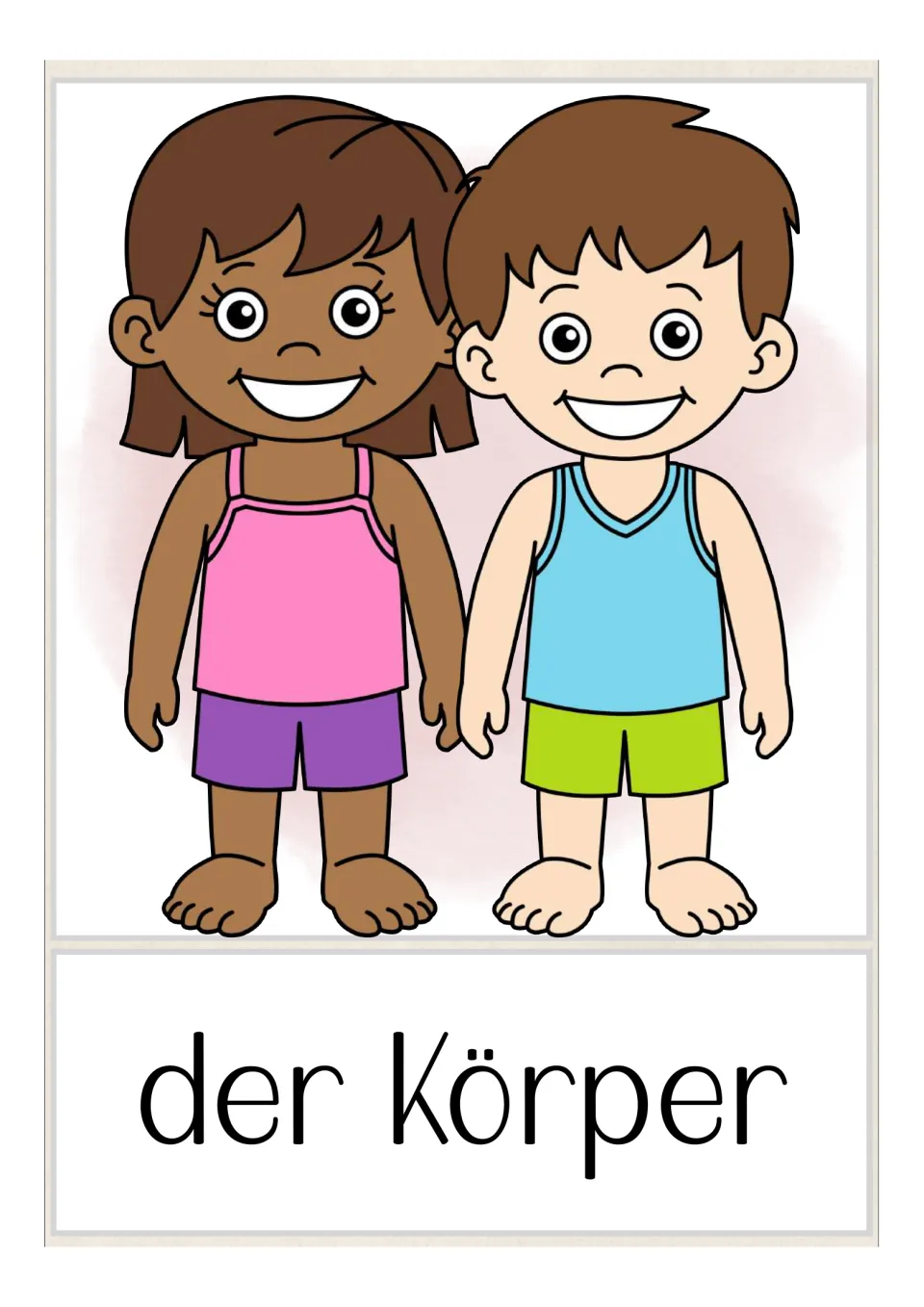 German body-part flashcard labeled 'der Körper' (body), illustrated with two children showing their whole bodies