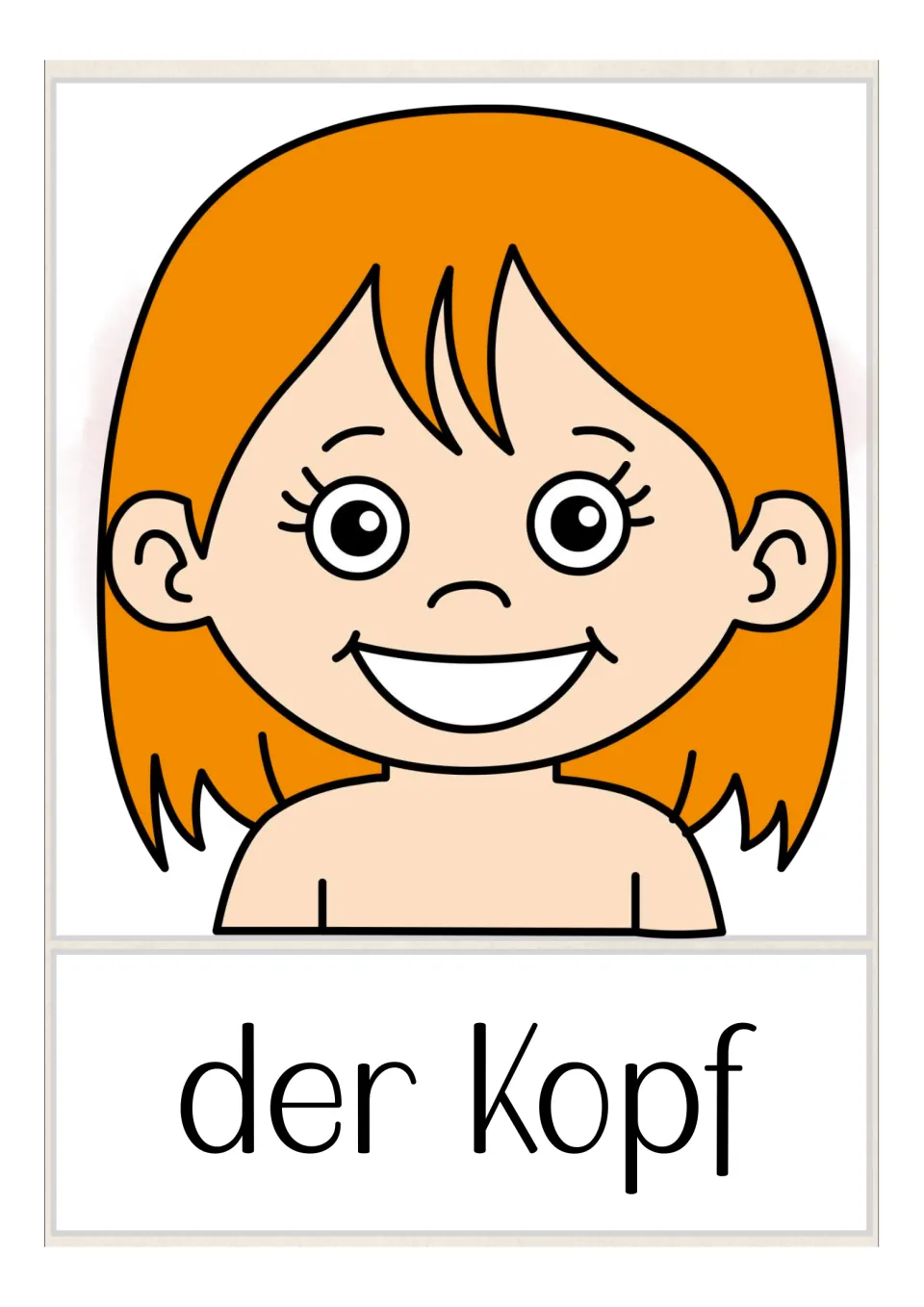 German body-part flashcard labeled 'der Kopf' (head), illustrated with a child's head and shoulders