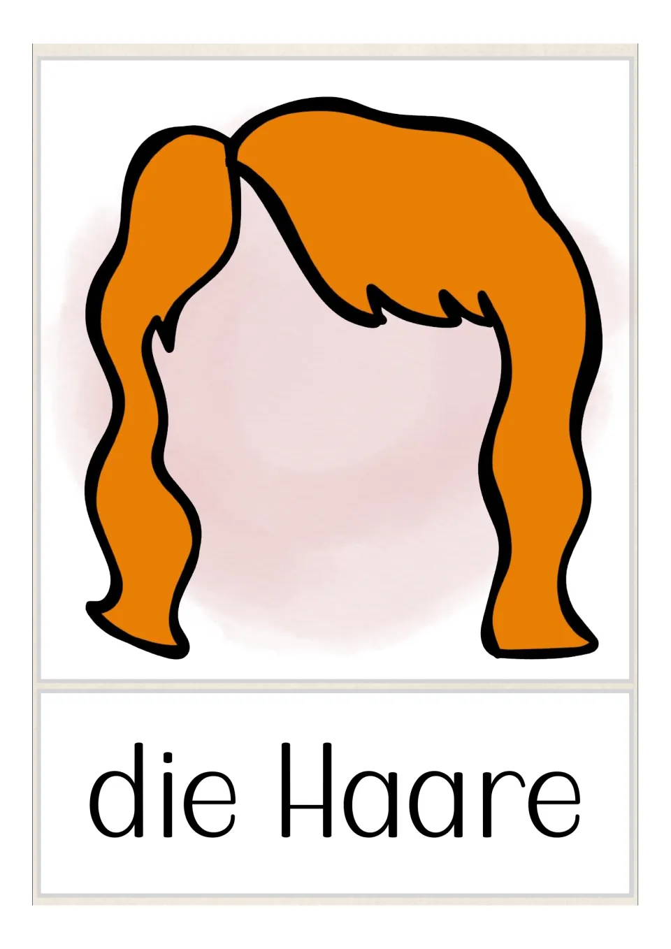 German body-part flashcard labeled 'die Haare' (hair), illustrated with orange hair tied in a side ponytail