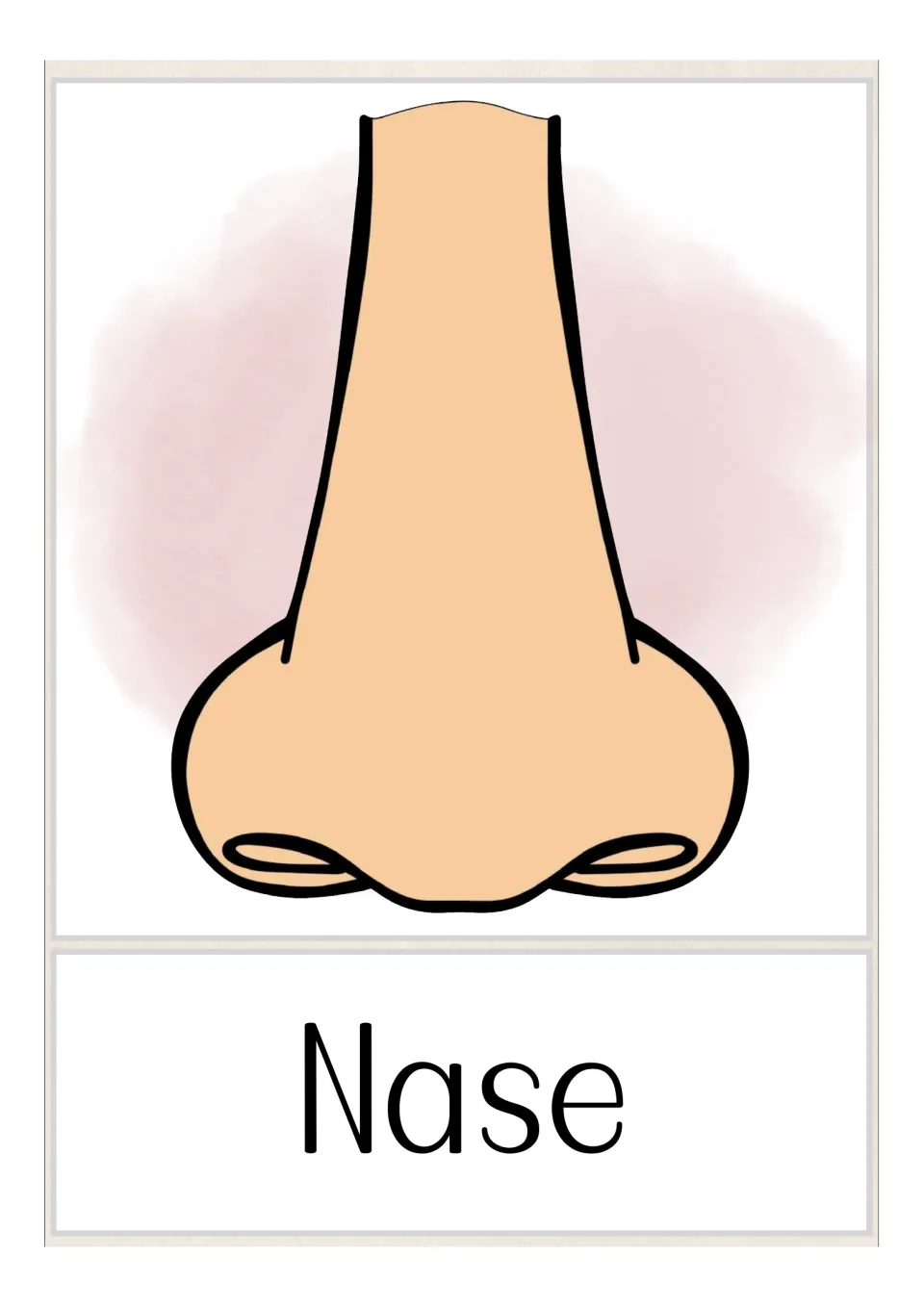German body-part flashcard labeled 'Nase' (nose), illustrated with a close-up front view of a nose