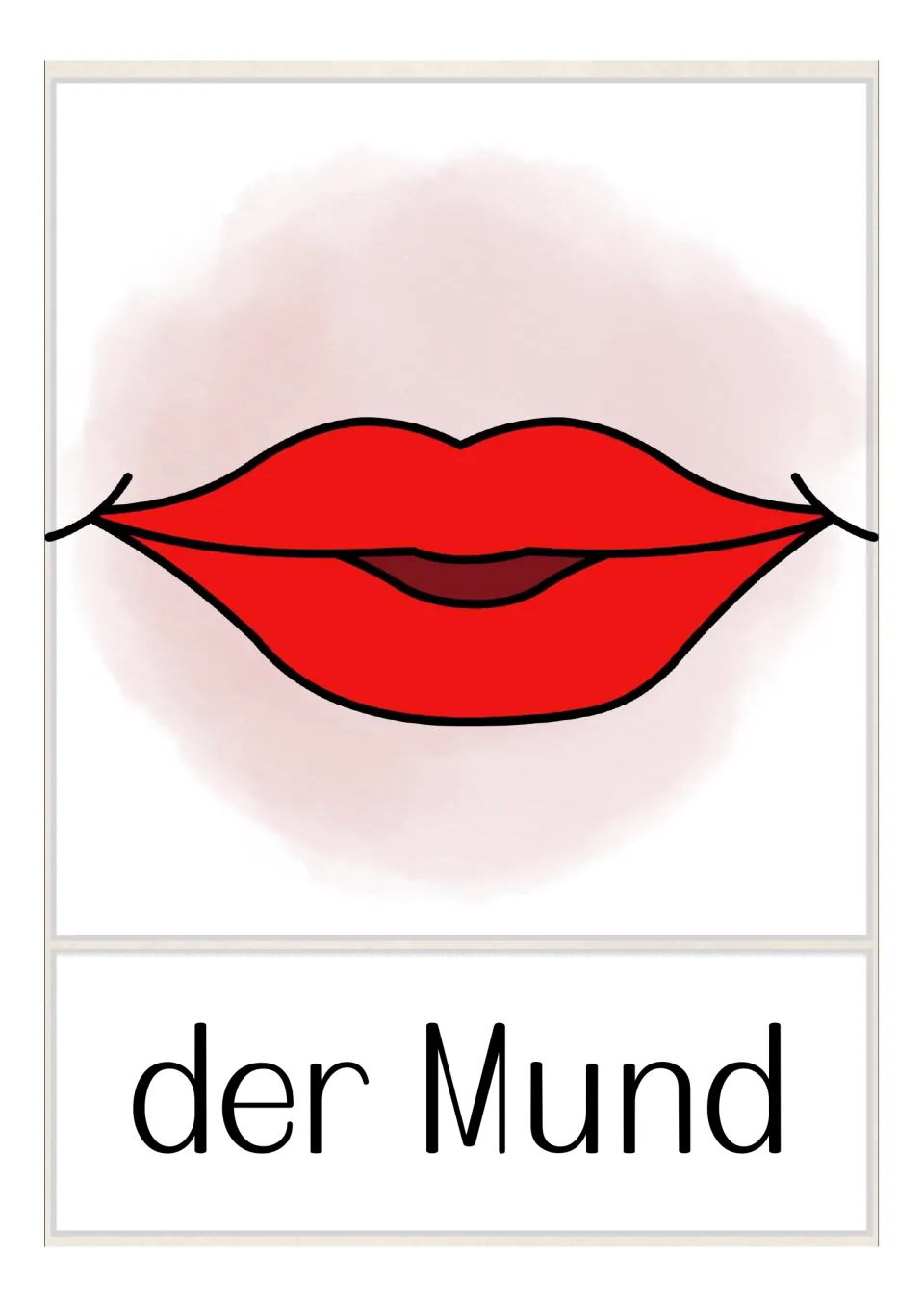 German body-part flashcard labeled 'der Mund' (mouth), illustrated with red lips and a slightly open mouth