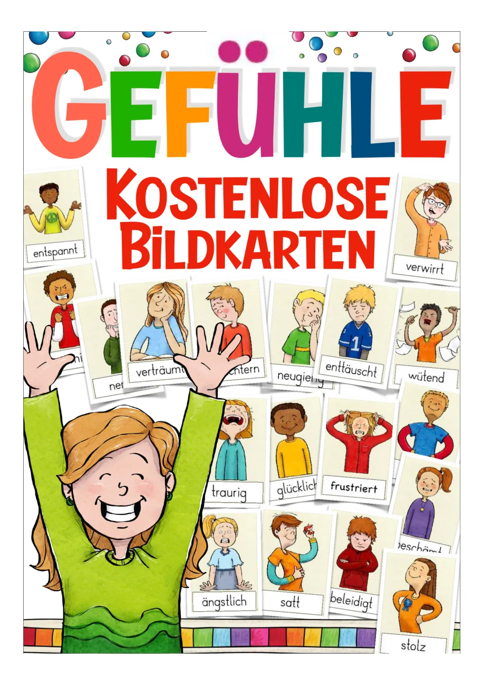 Cover of the German feelings flashcard resource, headed 'Gefühle' (feelings), with sample illustrated cards