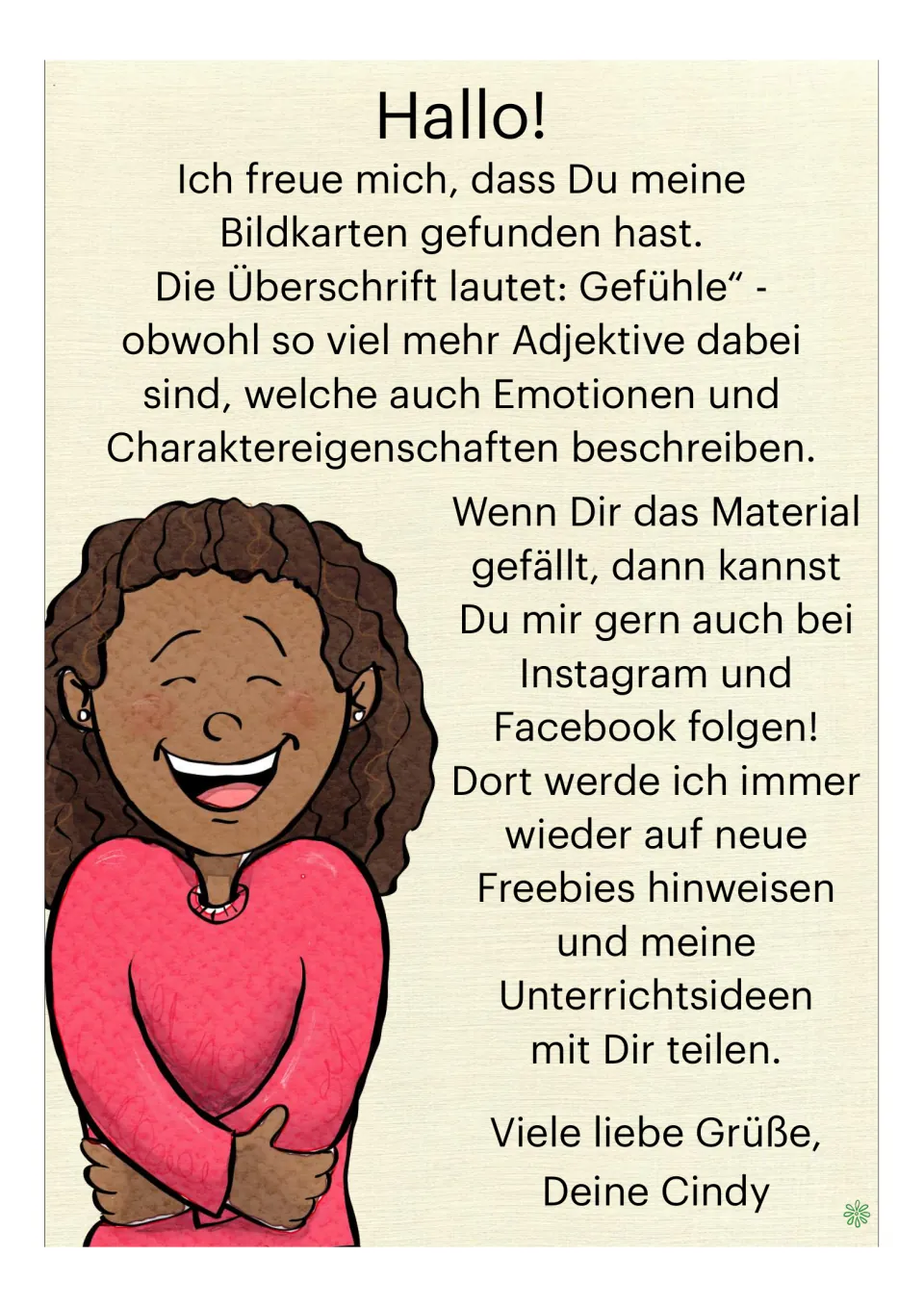 Introduction to the German flashcards explaining that the adjectives describe emotions and character traits