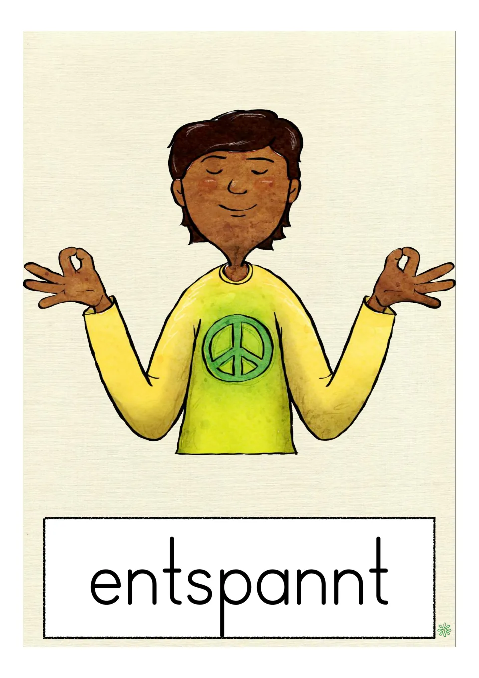 German vocabulary flashcard labeled 'entspannt' (relaxed), showing a person with closed eyes and raised hands