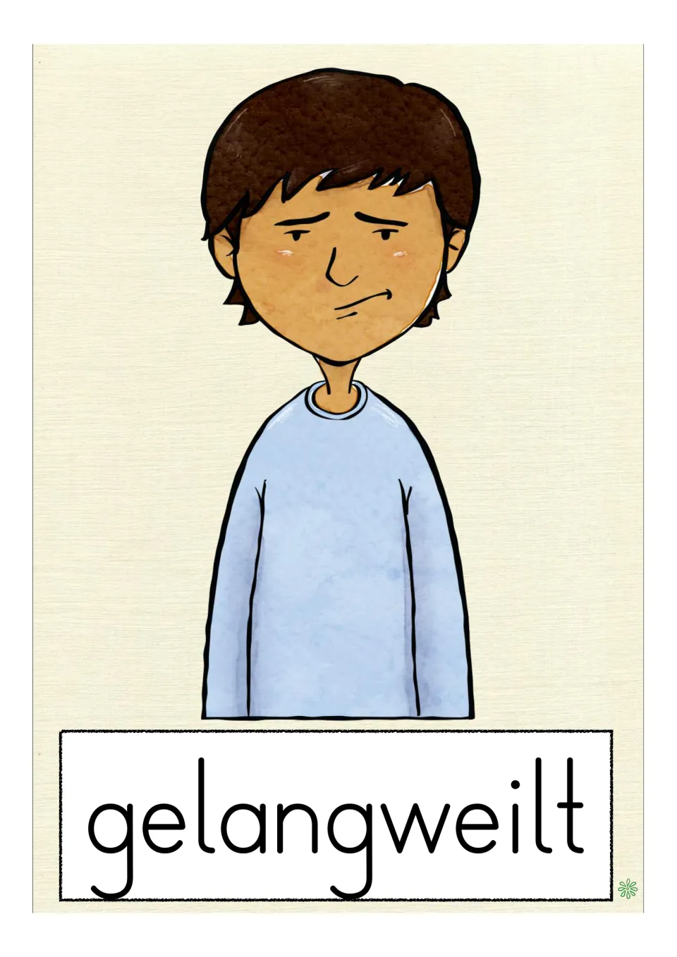 German vocabulary flashcard labeled 'gelangweilt' (bored), showing a person with a downturned mouth