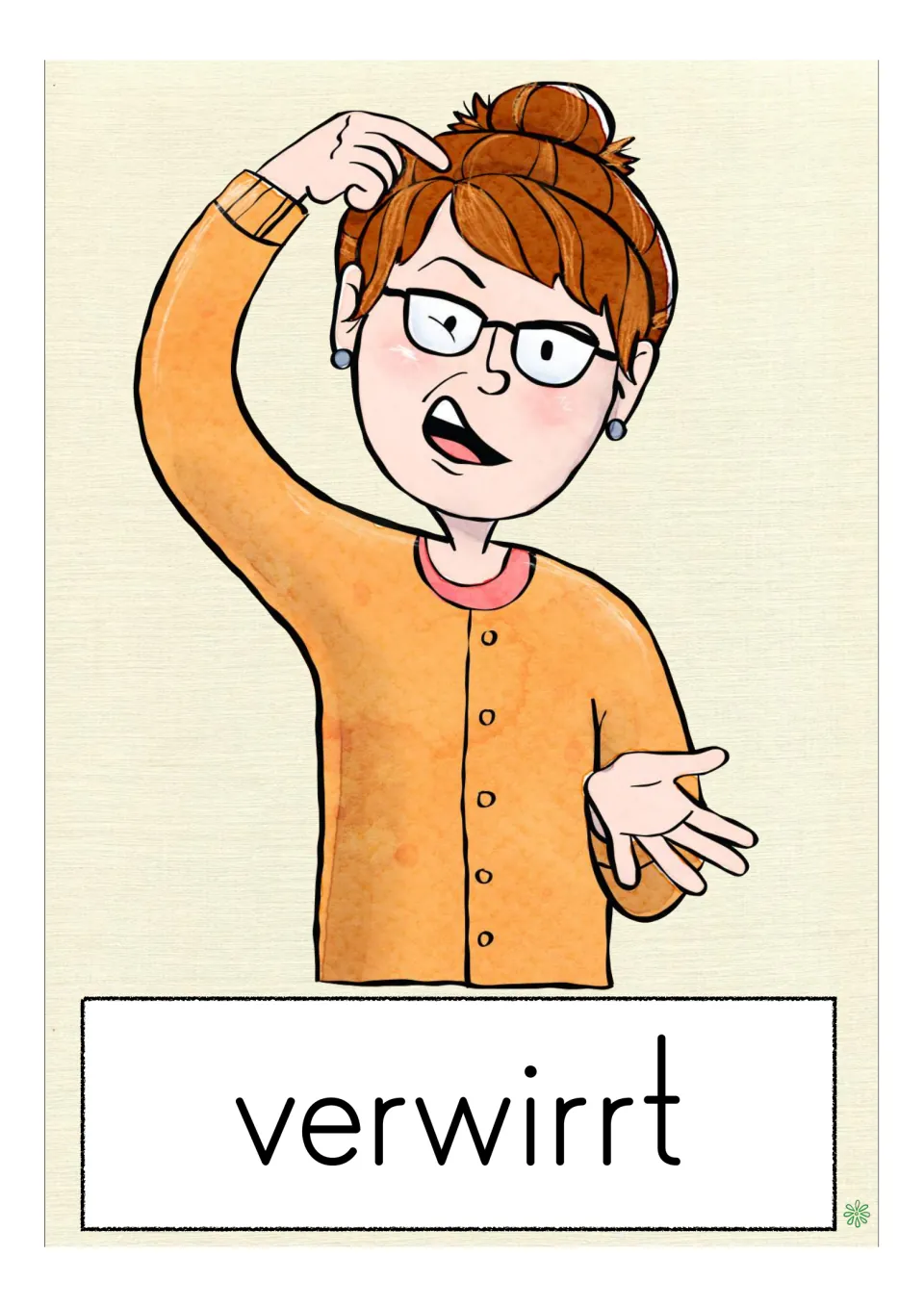German vocabulary flashcard labeled 'verwirrt' (confused), showing a person pointing toward their head