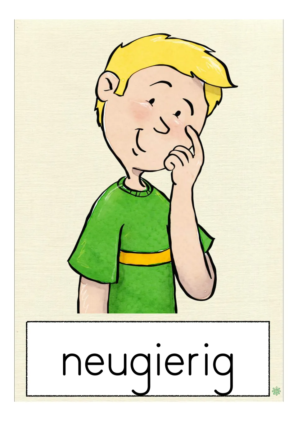 German vocabulary flashcard labeled 'neugierig' (curious), showing a person touching their cheek