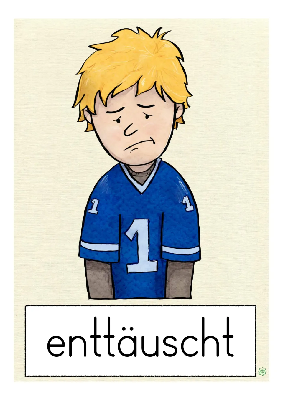 German vocabulary flashcard labeled 'enttäuscht' (disappointed), showing a frowning person in a blue jersey