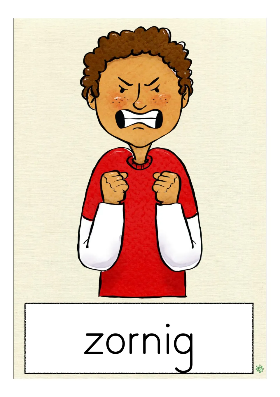 German vocabulary flashcard labeled 'zornig' (angry), showing a person with clenched fists and bared teeth