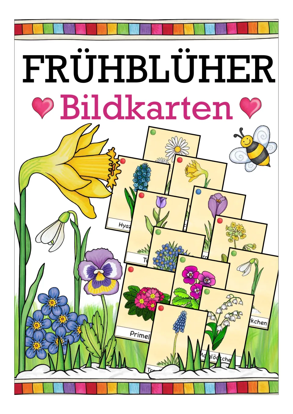 Cover of the German flower flashcard resource, labeled 'FRÜHBLÜHER' (early bloomers) and 'Bildkarten'