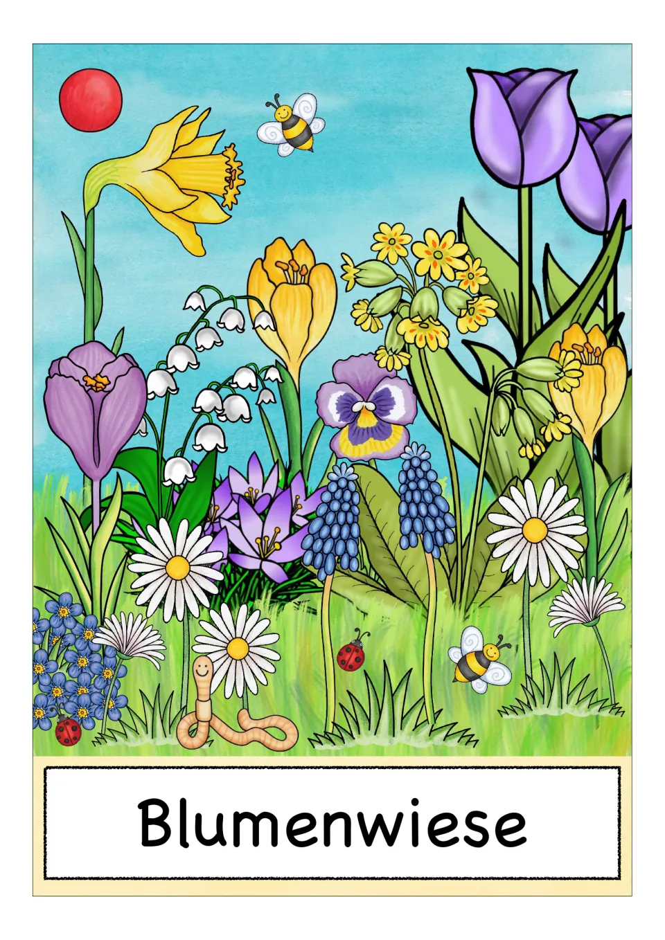 German vocabulary picture card labeled 'Blumenwiese' (flower meadow), showing several kinds of flowers