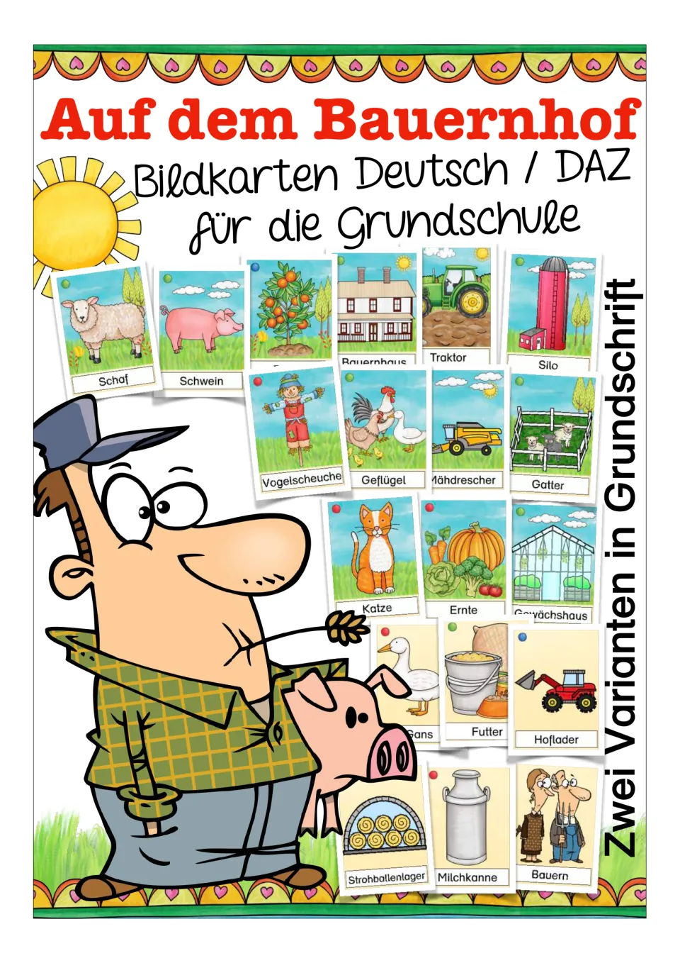 Cover of German farm vocabulary flashcards, labeled 'Auf dem Bauernhof,' showing sample picture cards