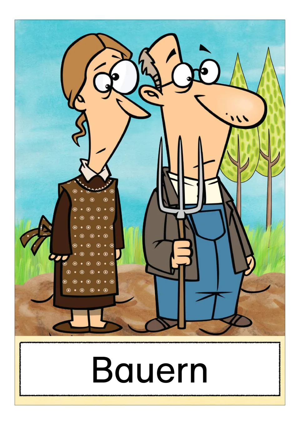 German farm vocabulary card labeled 'Bauern' (farmers), showing two farmers, one holding a pitchfork