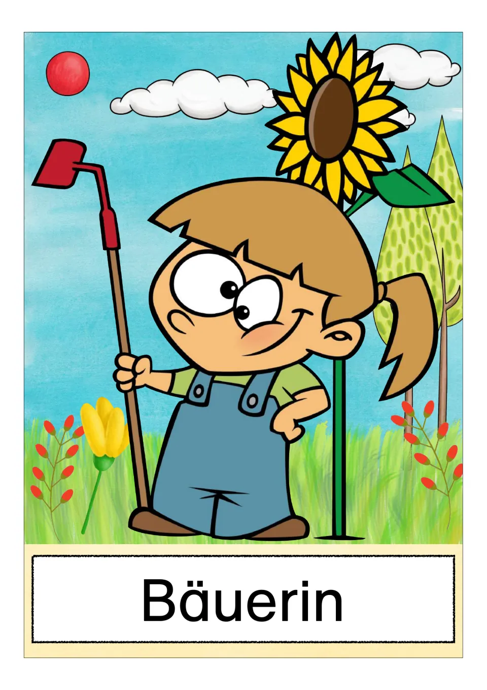 German farm vocabulary card labeled 'Bäuerin' (female farmer), showing a farmer holding a garden hoe