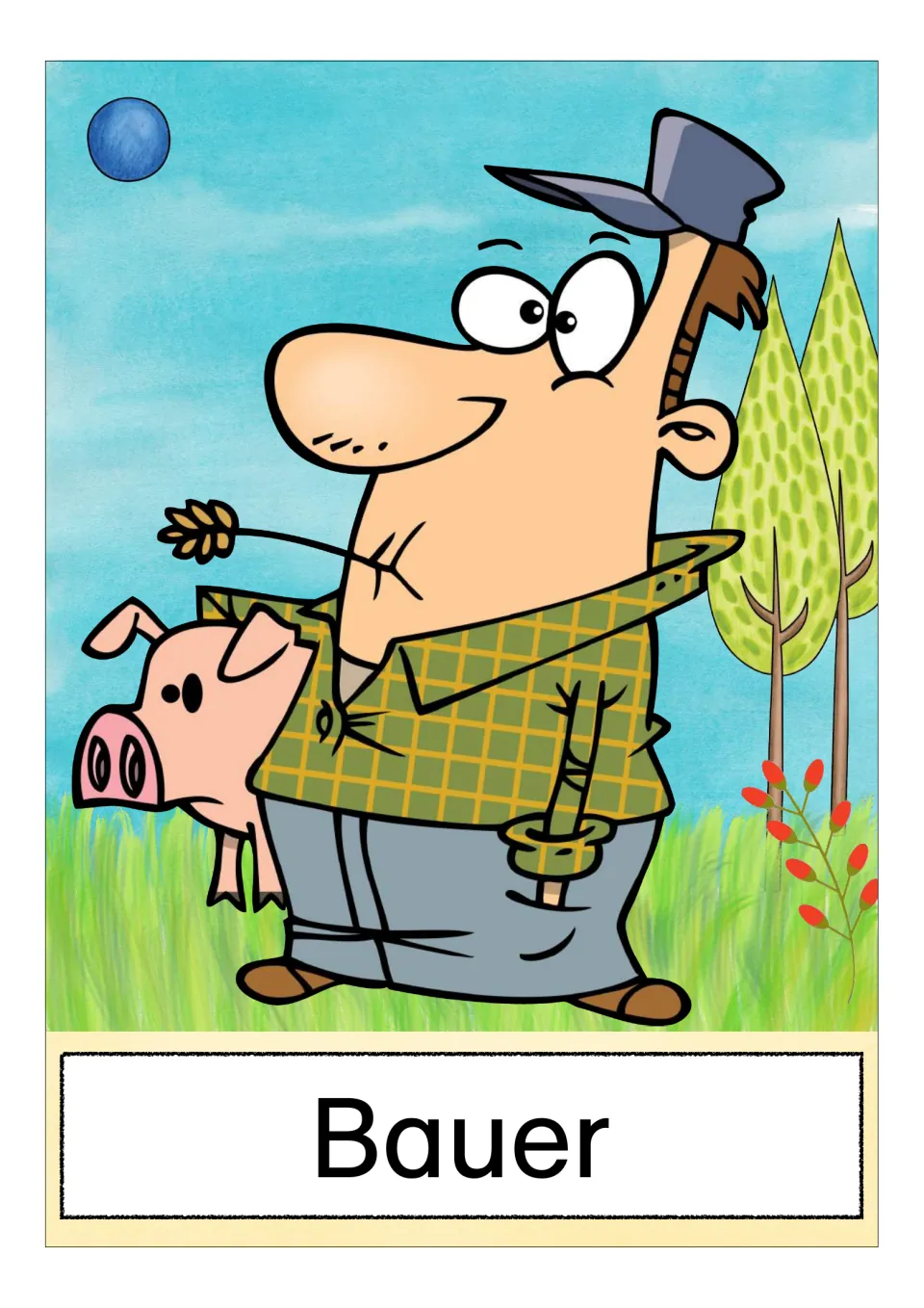 German farm vocabulary card labeled 'Bauer' (male farmer), showing a farmer carrying a pink pig