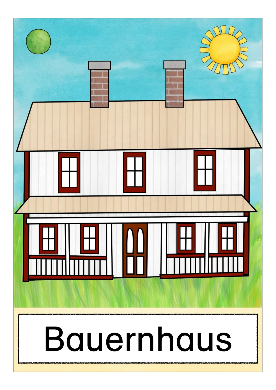 German farm vocabulary card labeled 'Bauernhaus' (farmhouse), showing a house with a porch and two chimneys