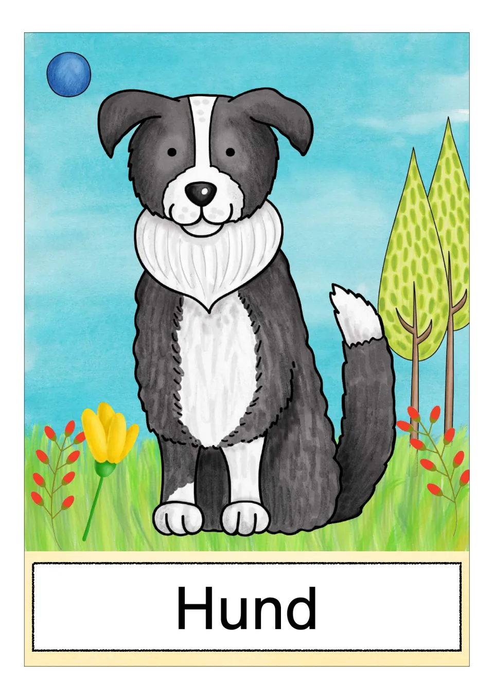 German farm vocabulary card labeled 'Hund' (dog), showing a seated black-and-white dog with a fluffy tail