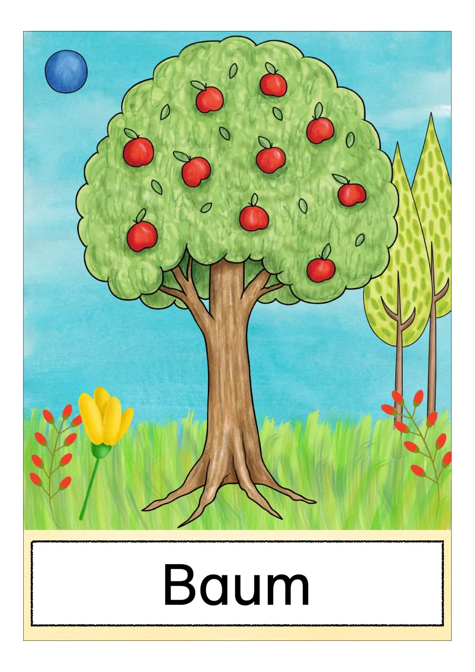 German farm vocabulary card labeled 'Baum' (tree), showing a leafy tree bearing red apples on its branches
