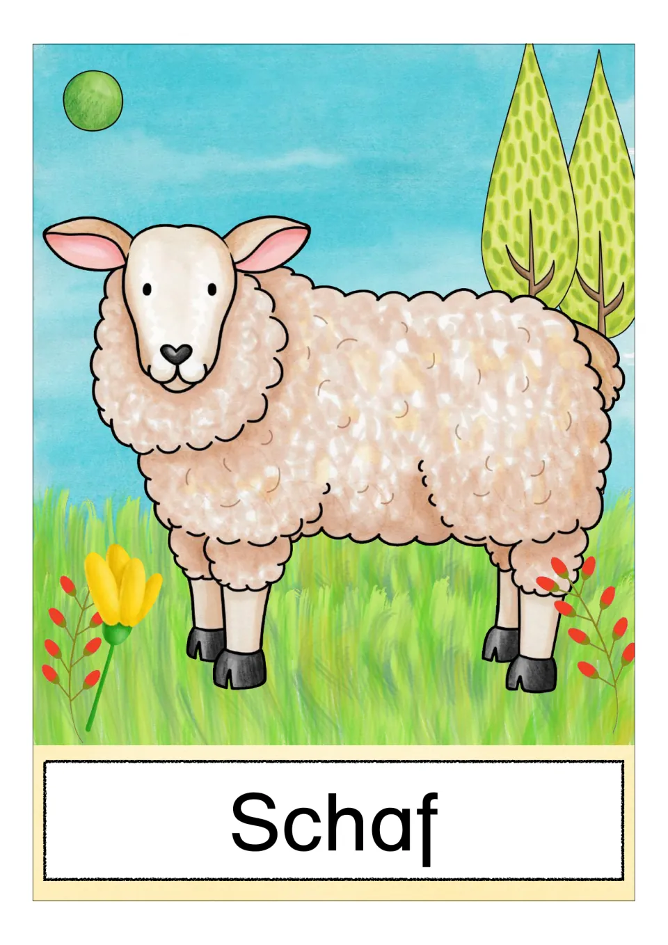 German farm vocabulary card labeled 'Schaf' (sheep), showing a woolly sheep standing on four black hooves