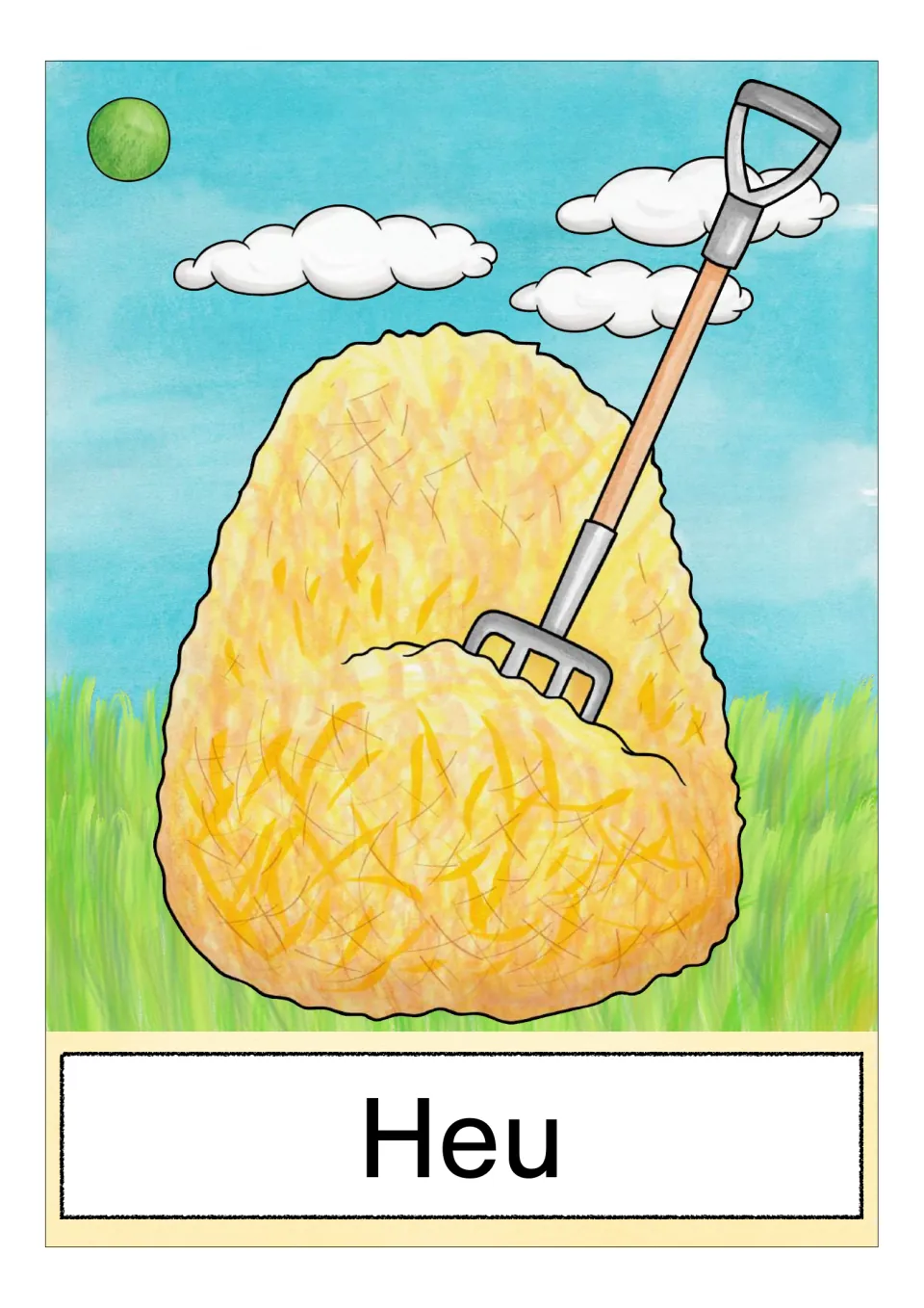 German farm vocabulary card labeled 'Heu' (hay), showing a yellow pile of hay with a pitchfork in it
