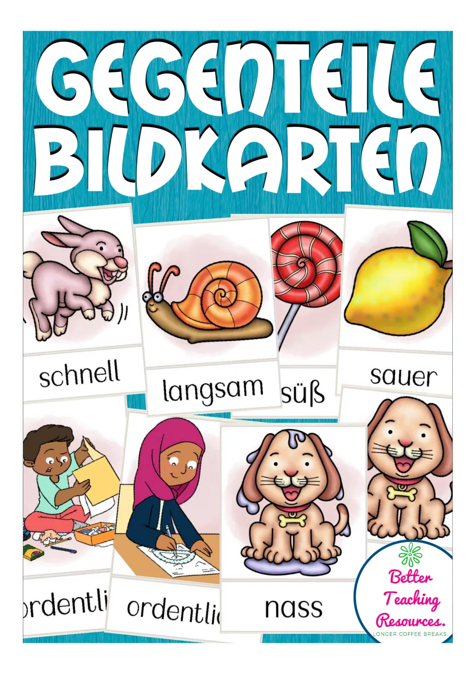 German opposites flashcard cover titled 'Gegenteile Bildkarten', showing examples including fast and slow