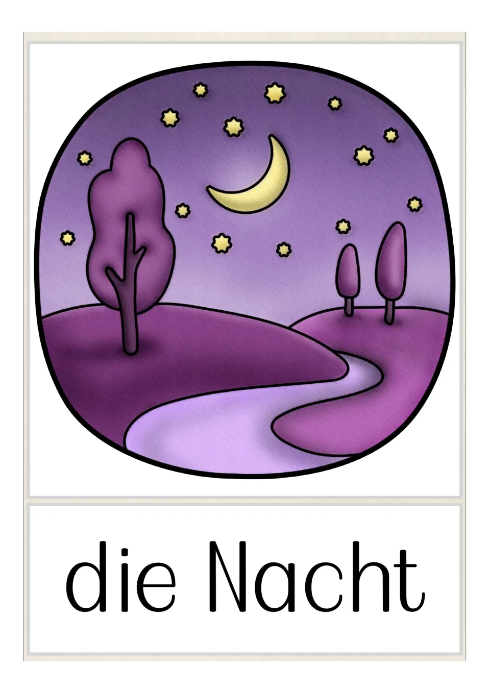 German opposites flashcard labeled 'die Nacht' (night), showing a moonlit landscape as the pair for day
