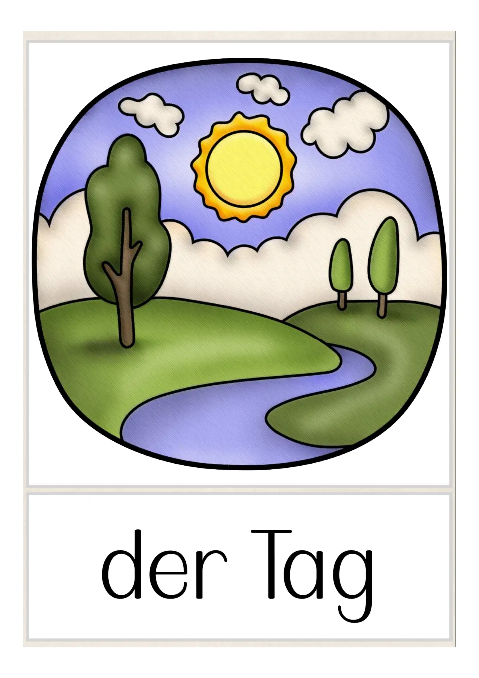 German opposites flashcard labeled 'der Tag' (day), showing a sunlit landscape as the pair for night