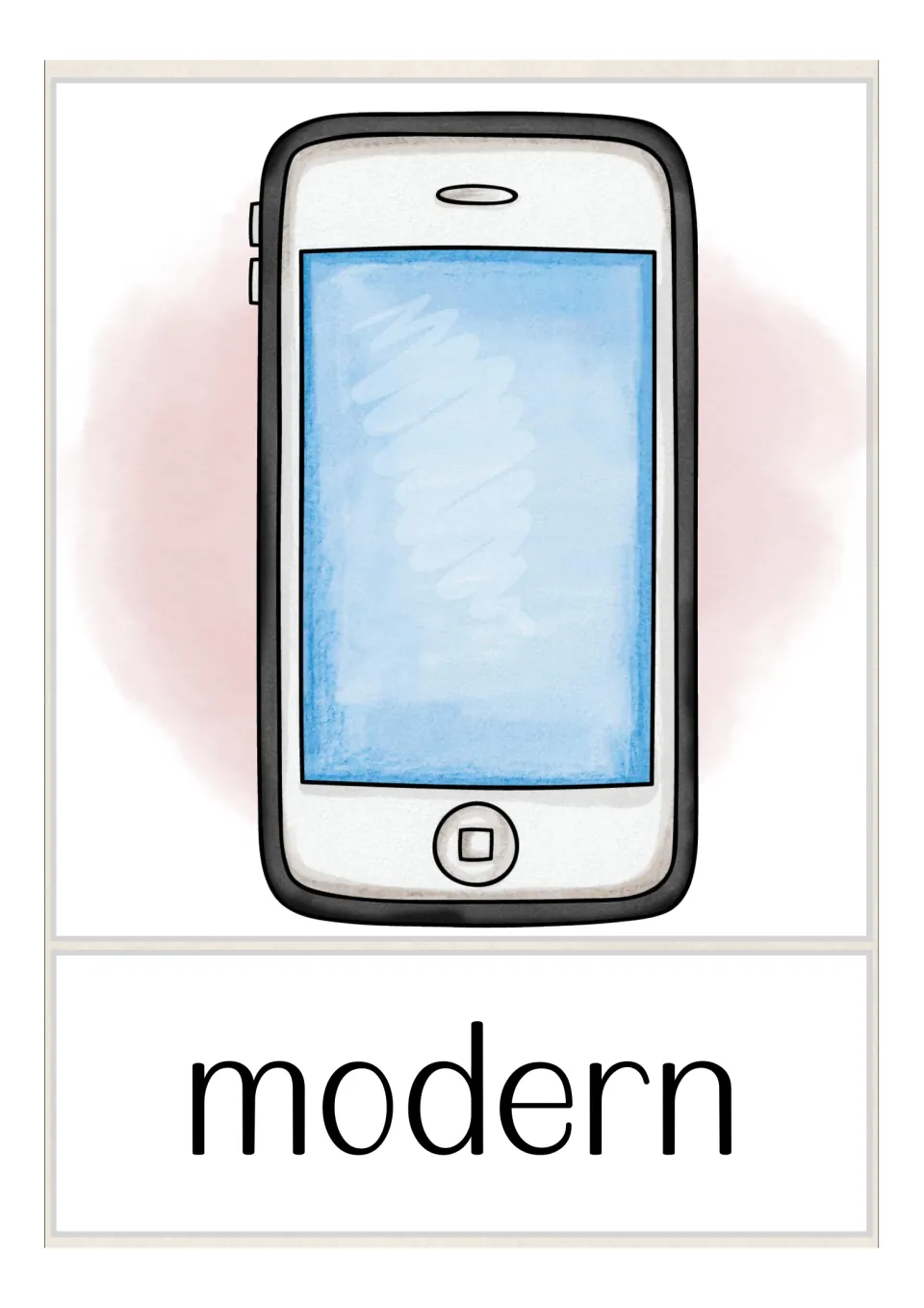 German opposites flashcard labeled 'modern' (modern), showing a smartphone to pair with old-fashioned