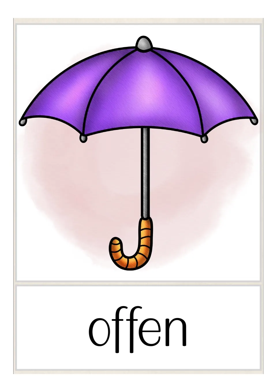 German opposites flashcard labeled 'offen' (open), showing an open umbrella to pair with closed