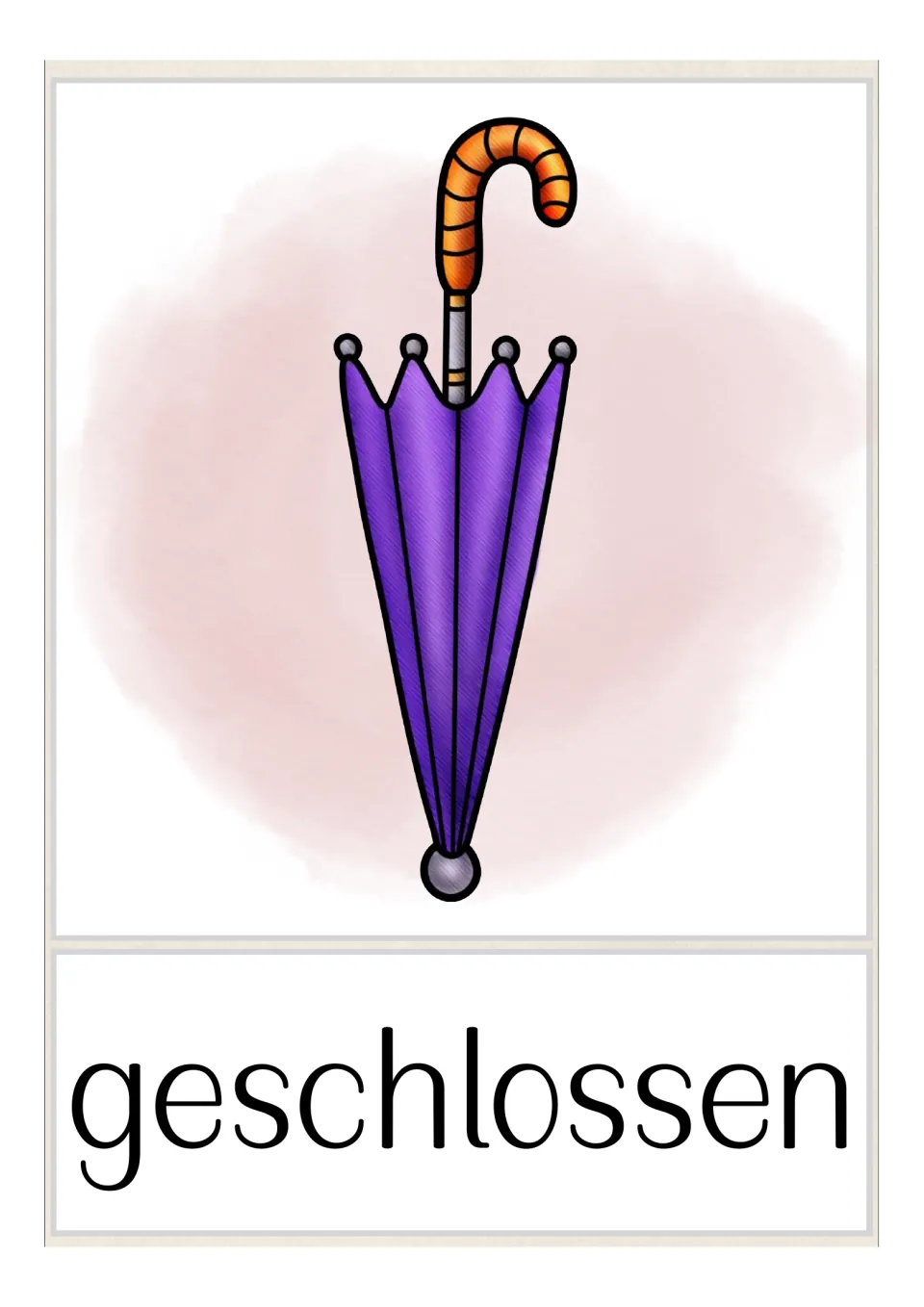 German opposites flashcard labeled 'geschlossen' (closed), showing a closed umbrella to pair with open