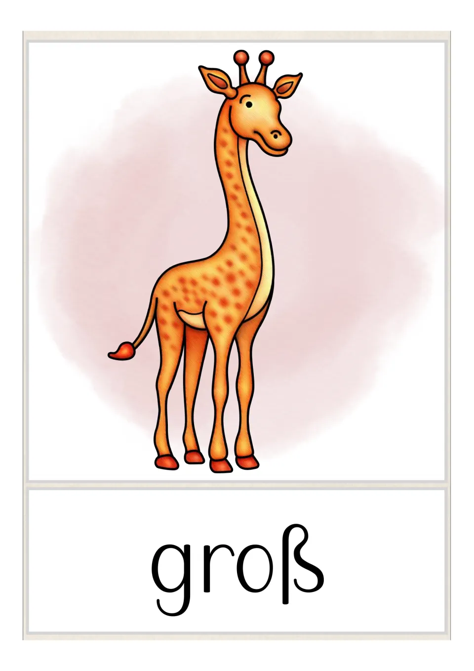 German opposites flashcard labeled 'groß' (big), showing a tall giraffe as the opposite of small