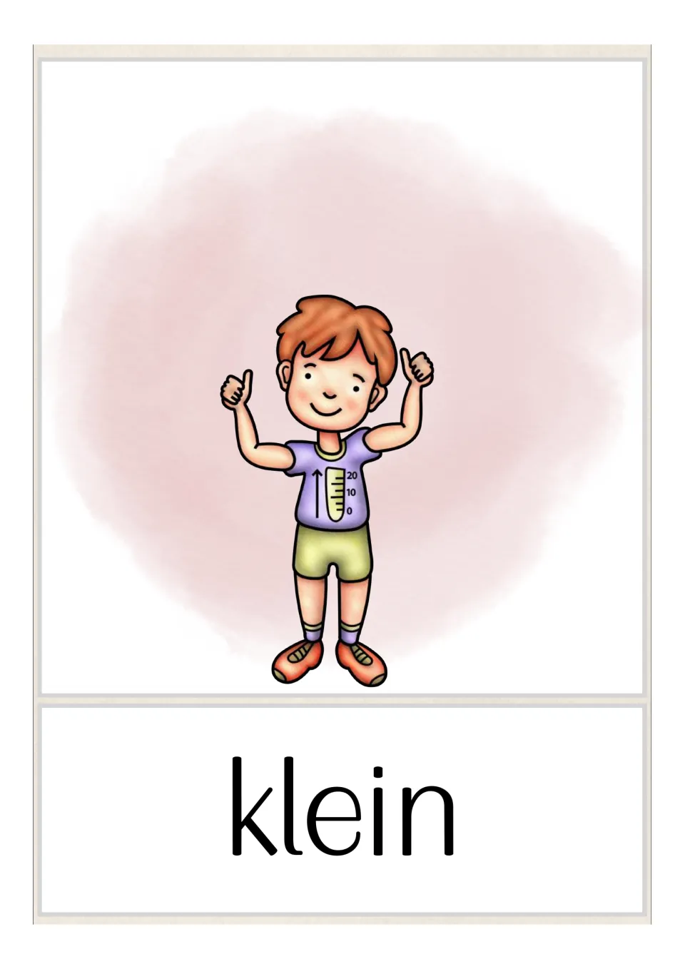 German opposites flashcard labeled 'klein' (small), showing a child as the counterpart to the big card