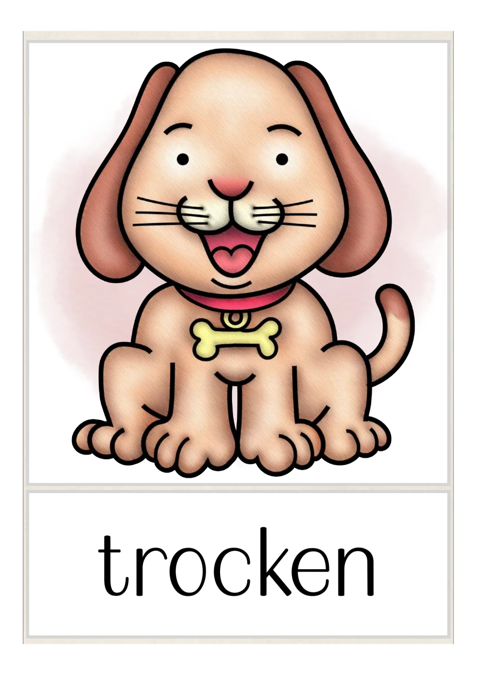 German opposites flashcard labeled 'trocken' (dry), showing a dry dog matching the cover's wet dog