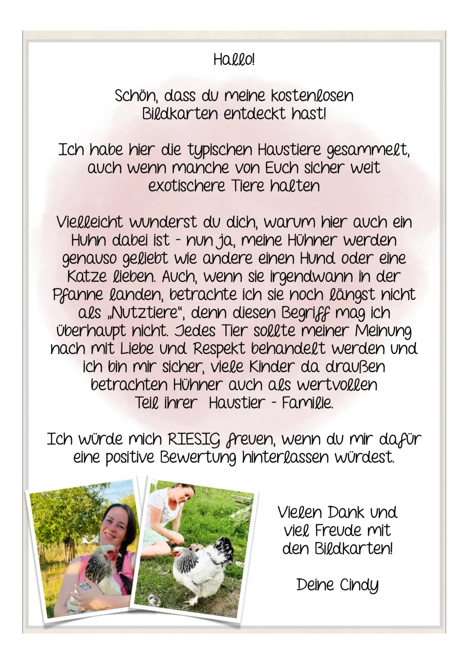 Introduction to the German pet cards: Cindy welcomes readers and explains why she includes chickens
