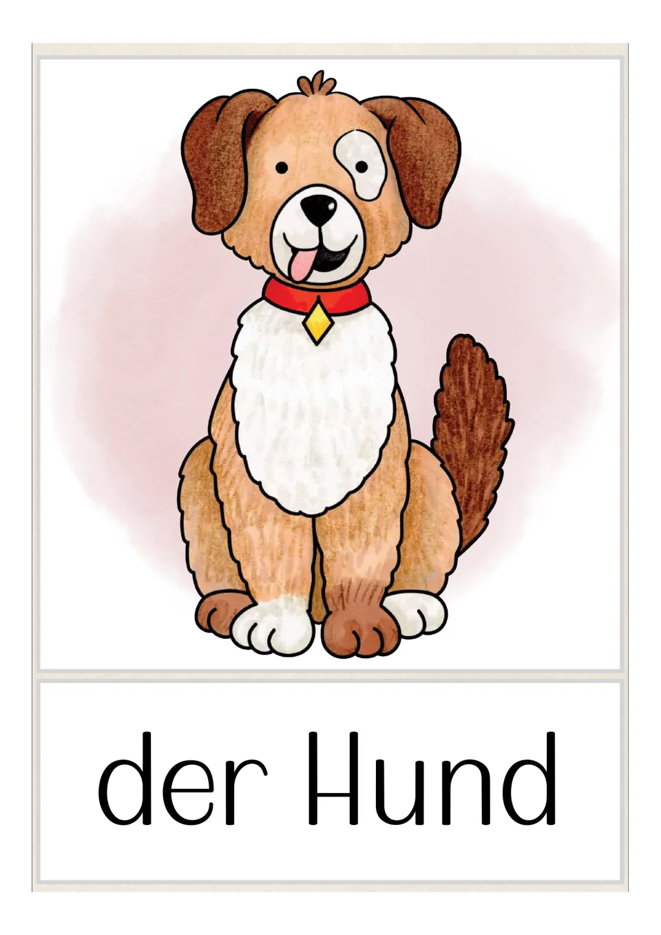 German pet vocabulary flashcard labeled 'der Hund' (dog), showing a seated brown and white dog with a red collar