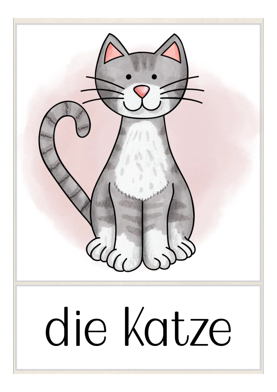 German pet vocabulary flashcard labeled 'die Katze' (cat), showing a seated gray cat with a curled tail