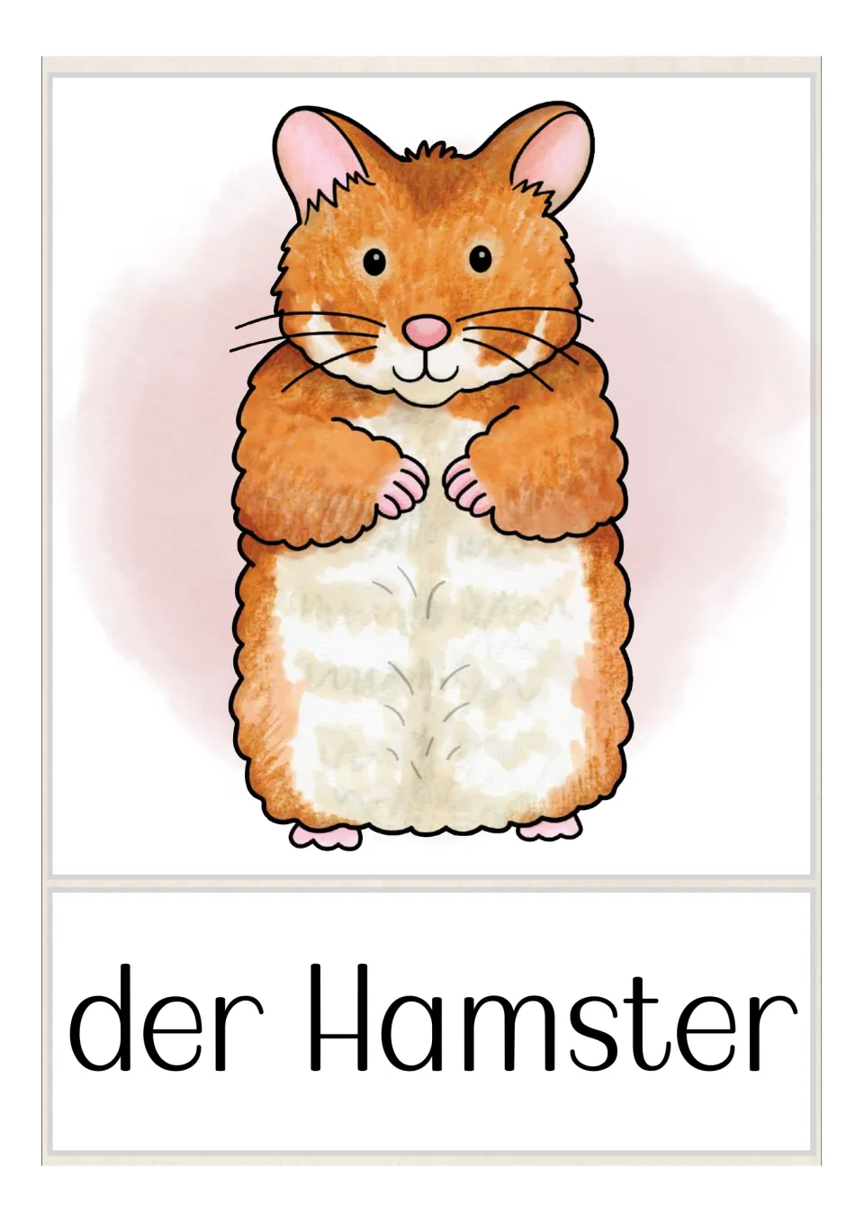 German pet vocabulary flashcard labeled 'der Hamster' (hamster), showing an upright orange and white hamster