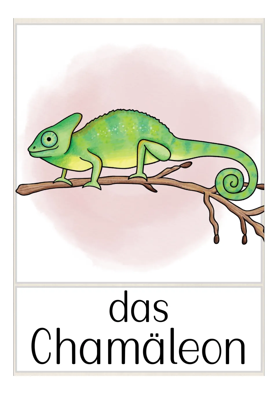 German pet vocabulary flashcard labeled 'das Chamäleon' (chameleon), showing a green chameleon on a branch