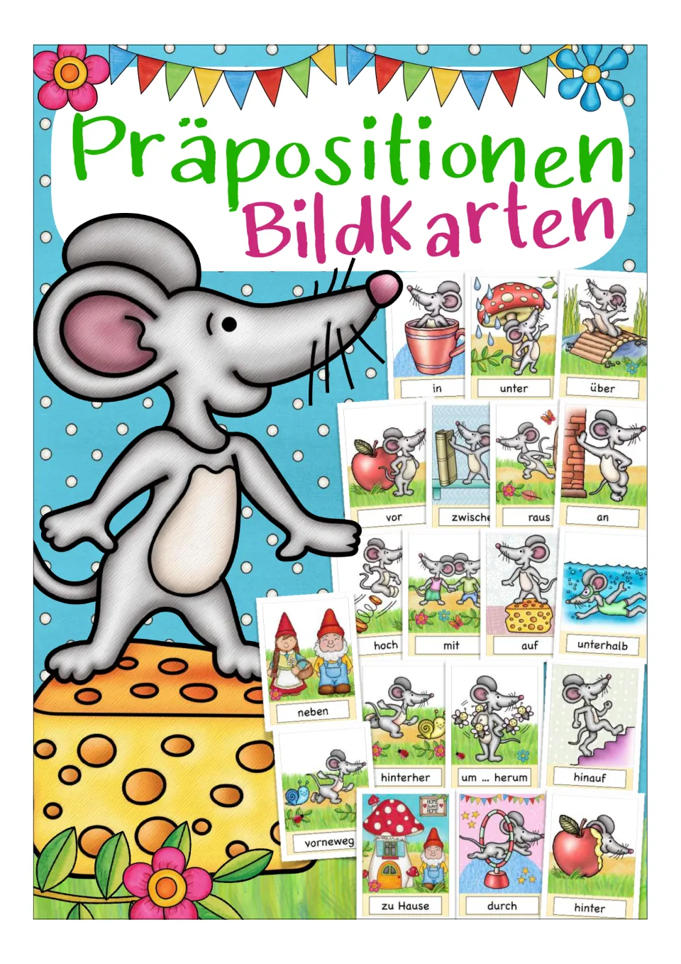 Cover of the German preposition flashcard set, titled 'Präpositionen Bildkarten', showing sample cards