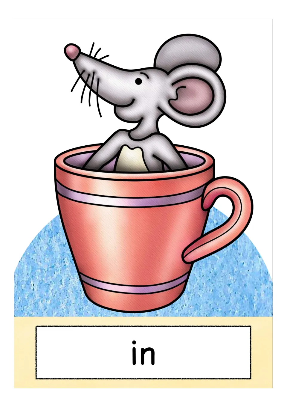 German preposition flashcard labeled 'in' (in), illustrated by a mouse sitting inside a large pink cup