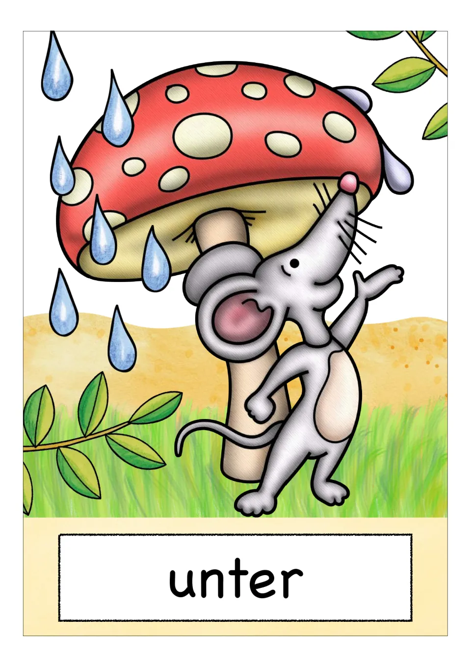 German preposition flashcard labeled 'unter' (under), showing a mouse beneath a mushroom in the rain